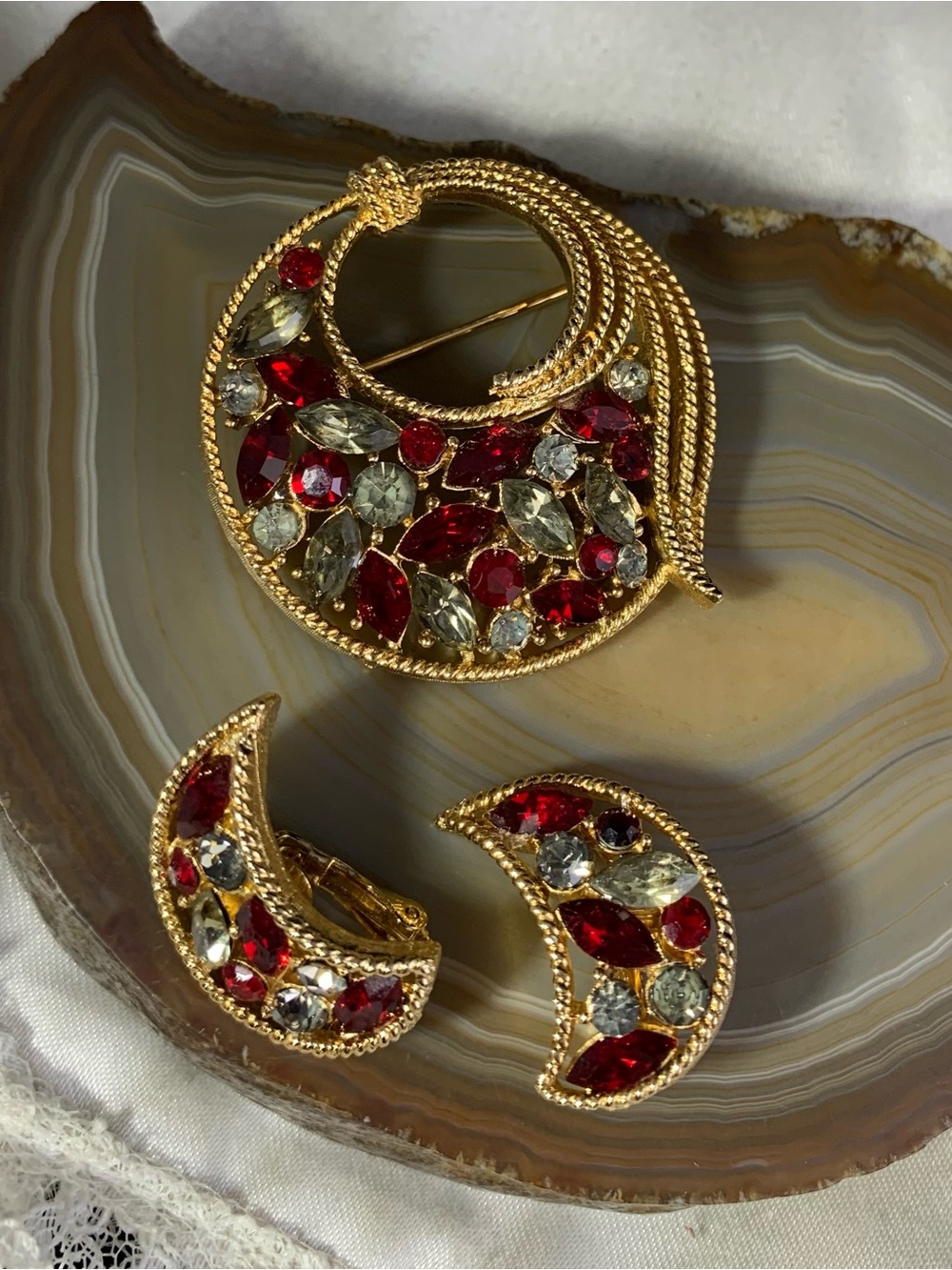 Vintage Gold-Tone Crescent Brooch and Clip-On Earrings with Red and Green Stones